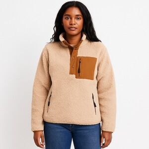 ORVIS Sherpa Fleece Snap Pullover Tan Brown Chest‎ Pocket Cozy Outdoor Layer M